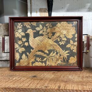 Vintage Framed Tapestry Tray Bird Floral Design Rustic Decor, Antique Tray